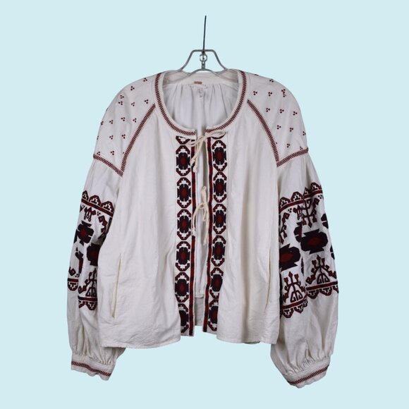Free People Swing Jacket Women's Size Large Off White Red Boho Embroidered Top - Picture 5 of 16